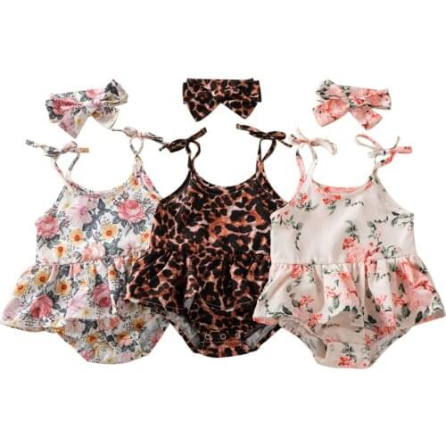 Summer Baby Girl Rompers Newborn Baby Clothes Toddler Lace-Up Suspender Romper Fresh Leopard/Flower U-neck Jumpsuits Headband