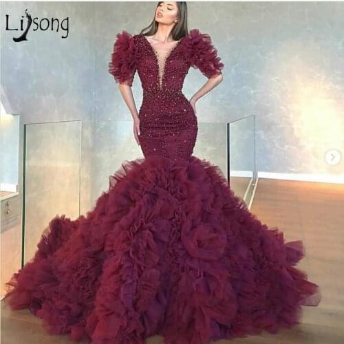 Pretty Burgundy Beaded Mermaid Evening Dresses Half Sleeves Puffy Bottom Ruffles Tiered Prom Gowns 2020 Engagement Banquet