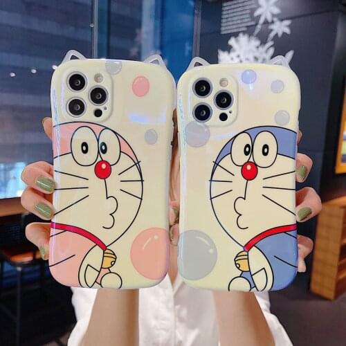 Cartoon Doraemon Silicon Cat Ear Case for iPhone 11 12 Pro Max 8 7 Plus Xr XsMax X Xs SE 2020 12 Color Candy Soft Back Cover
