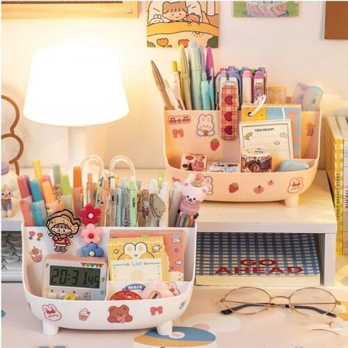 Kawaii Desk Organizer Pen Holder Cute Girls Table Storage Ins Student Desk Desktop Large Capacity Stationery Storage Box
