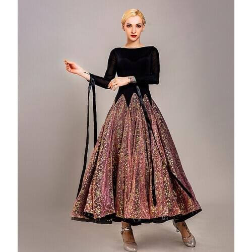New Professional Ballroom Dance Dress For WomenS Waltz Tango Dance Wear High Quality Golden Printing Long Sleeves Dress DL5257