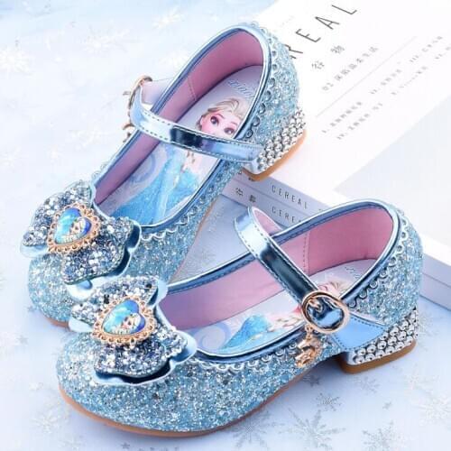 Disneys new cartoon girls casual shoes childrens high-heeled shoes elsa princess frozen cartoon bowknot leather shoes