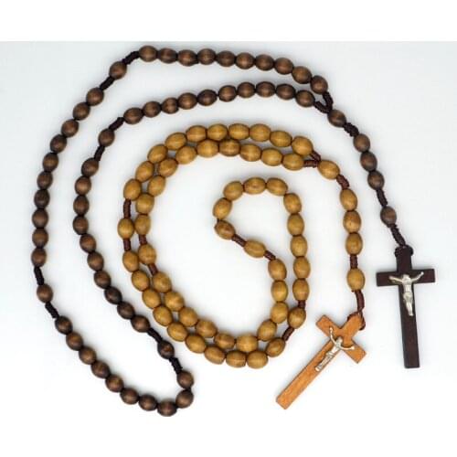 Oval Wood Rosary Beads JESUS Cross Pendant Necklace Catholicism Fashion Religious jewelry