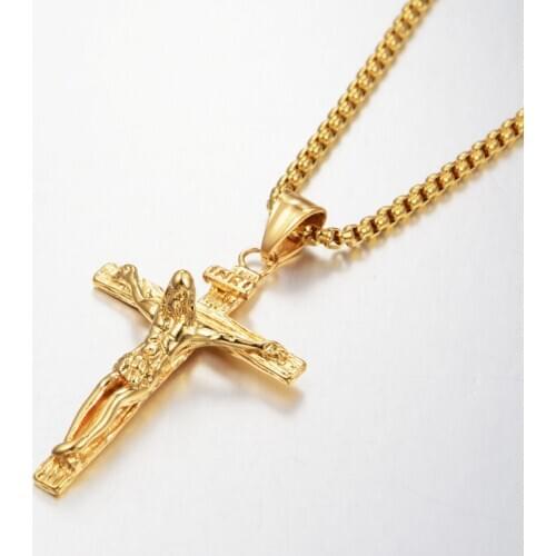INRI Crucifix Jesus Cross Pendant Necklaces For Men Gold Color Stainless Steel Chains Mens Religious Christian Jewelry Gift
