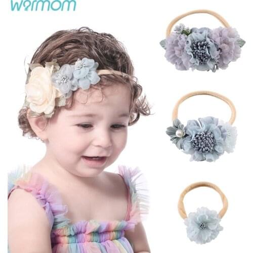Warmom Christmas Gift for Kids Blue Pink Flower Baby Girl Headband Newborn Photography Props Infant Toddler Headwear Kids Turban