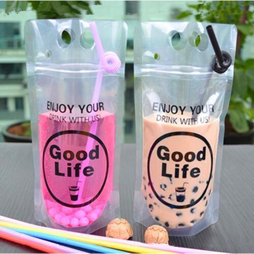 50pcs 450ml~500ml Good Life High Clear Summer Portable Beverage Ziplock Bag Cold Beer Milk Bar Fruit Juice Coffee Drinking Bags