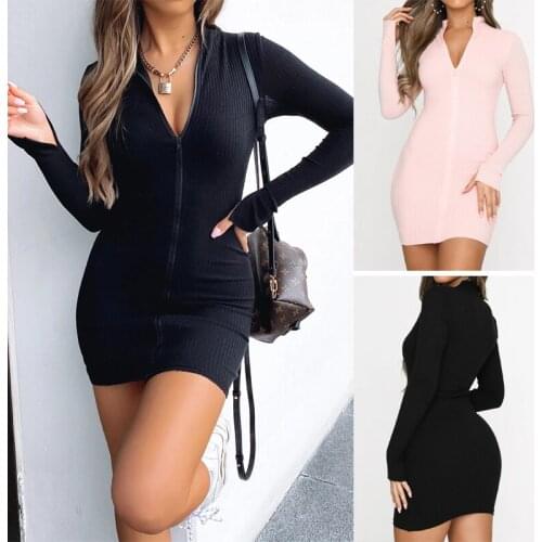 Sexy Women Spring Autumn Mini Dress Zipper Decor Turn-down Collar Long Sleeve High Waist Solid Color Slim Hips Pencil Dress 2020