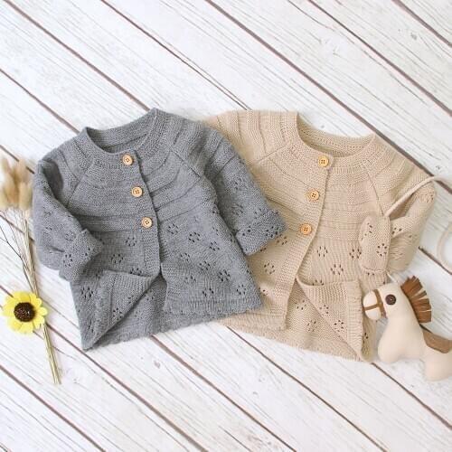 Infant Autumn Winter Cardigan Sweaters Toddler Button-Down Hollow Out Dots Flower Knitted Outerwear For 0-18 Months Boy Girl