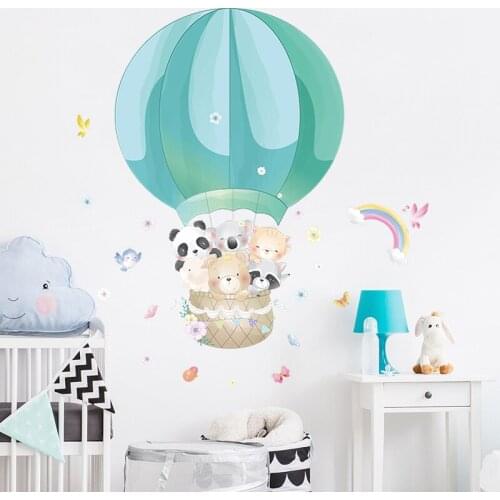 Green Hot Air Balloons Wall Stickers Cartoon Animals Rainbow Decorative Decals Self Adhesive Kids Living Room Bedroom Wallpaper