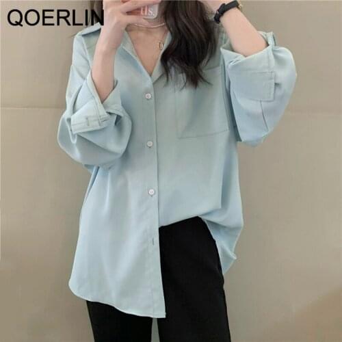 QOERLIN Long Solid Shirt Women Casual Pink Long Sleeve Pocket Button Up Collared Shirt Top Clothes Fashion Yellow Tops Blouse