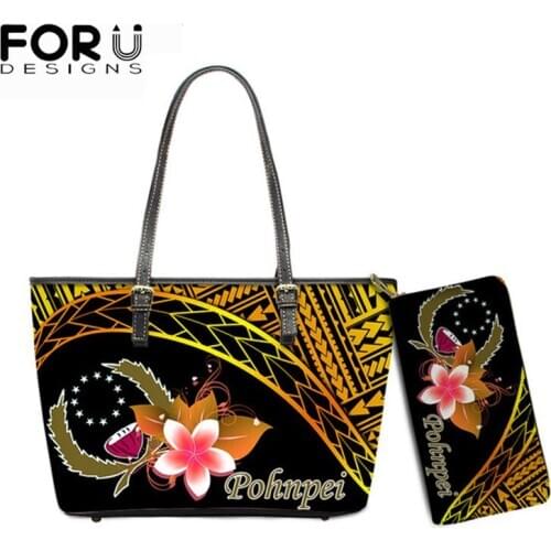 FORUDESIGNS Womens Leather Handbags Polynesian Plumeria Pohnpei Fashion Luxury Handbags With Purse Pocket Female Tote Sac Bolsa
