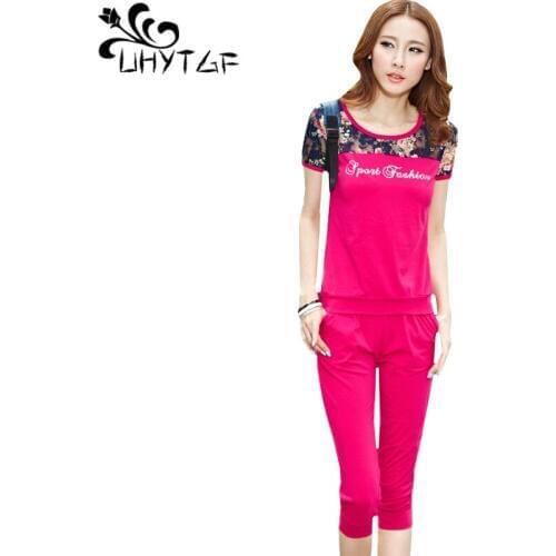 UHYTGF New oversized t shirt woman tracksuit 2 pieces summer clothes for women O Neck Slim top and pants casual womens suit 1367