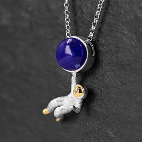 S.EAST SUN 925 Sterling Silver Sapphire space astronaut Pendant Necklace suitable for mens and womens Party Fashion Jewelry
