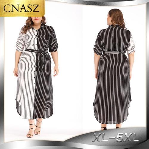 New Fashion Plus size Women Turn-down Collar Dress Striped Asymmetrical Summer Dress