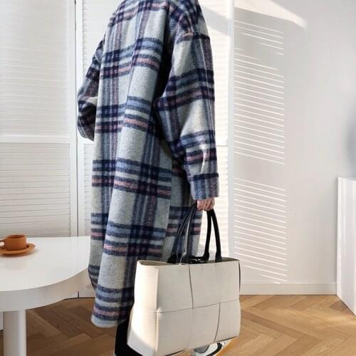 Retro Profile Plaid Woolen Coat Womens Autumn Winter Korean Long Sleeve Thickened Long Warm Blend Coat