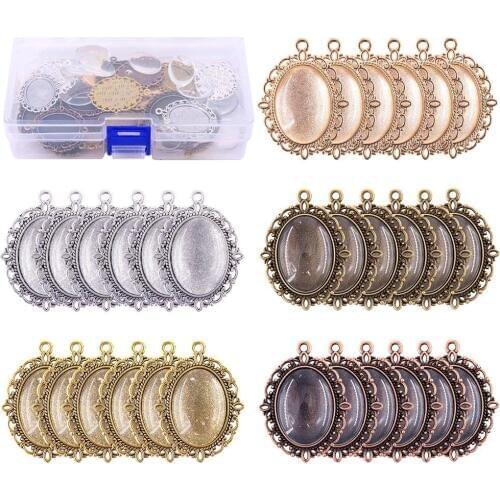 60Pcs Pendant Trays 30Pcs 5 Colors Pendant Trays Oval Bezels with 30Pcs Glass Dome Tiles for Crafting DIY Jewelry Making