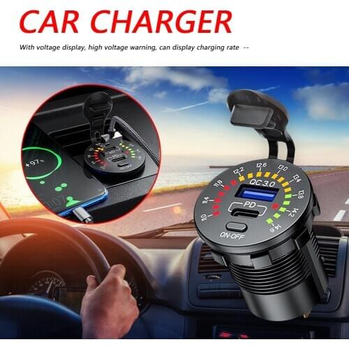 Auto Car Motorcycle USB Charger Lighter Power Socket QC3.0 + PD USB Type C Fast Charging Adapter with LED Streamlight Voltmete