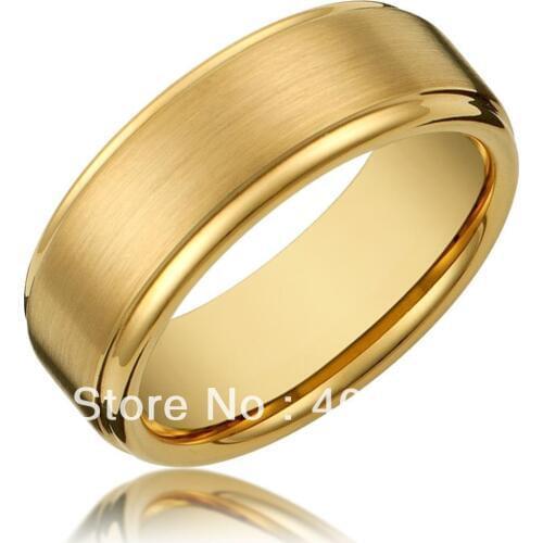 Free Shipping USA Hot Selling 8MM Mens Tungsten Carbide Gold Wedding Band Ring with Flat Brushed Top and Polished Finish Edges