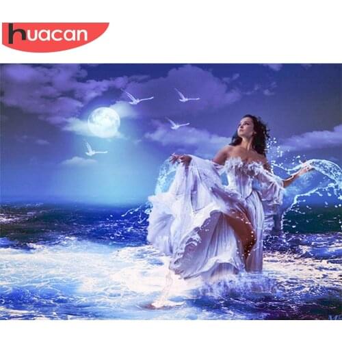 HUACAN 5D Diamond Painting Girl Picture Rhinestone Cross Stitch Night Full Square Round DIY Mosaic Diamond Sea Home Decor