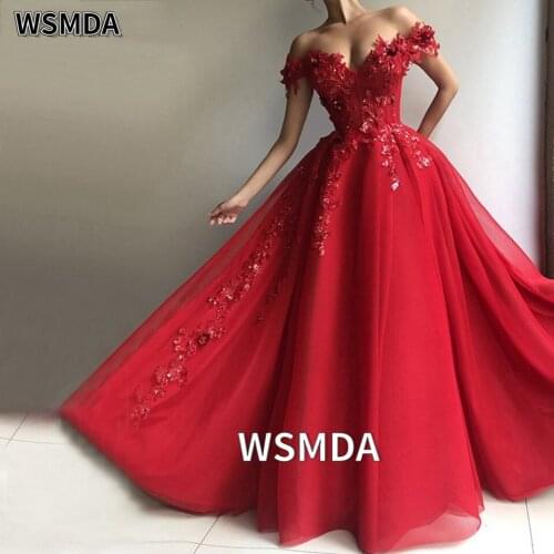 Red Off The Shoulder Prom Dresses 2021 Women Formal Party Night Vestidos A-Line Appliques Sequins Tulle Elegant Evening Gowns