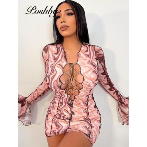 Poshby Printed Summer Dress 2021 Sexy Flare Sleeve Bandage Mini Dress Front Lace-Up Skinny Dresses Fashion Party Club Dress