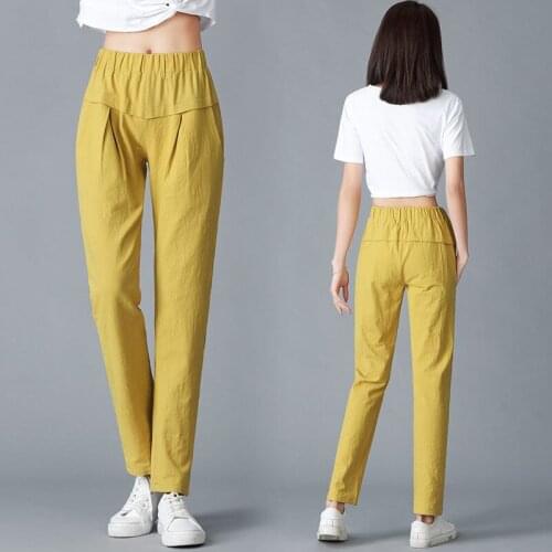 Summer Pants Women Cotton Women Pants Full Length/ankle Haren Pants Pocket Flared Pants Women High Waise Trousers Women