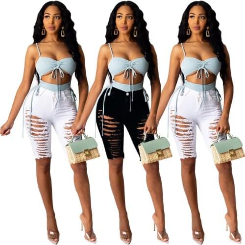 Summer Womens Knee Length Shorts Fashion Slim High Waist Hollow Out Ripped Short Jeans Woman Stretch Skinny Black Jeans Shorts