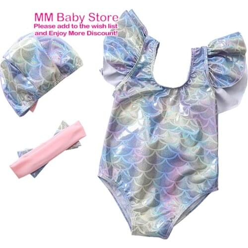 Summer Baby Swimsuit Girls Swim Wear Blue Gilding Mermaid Bow Set Solid Color Gauze Skirt Sling Toddler Girl Swimsuit