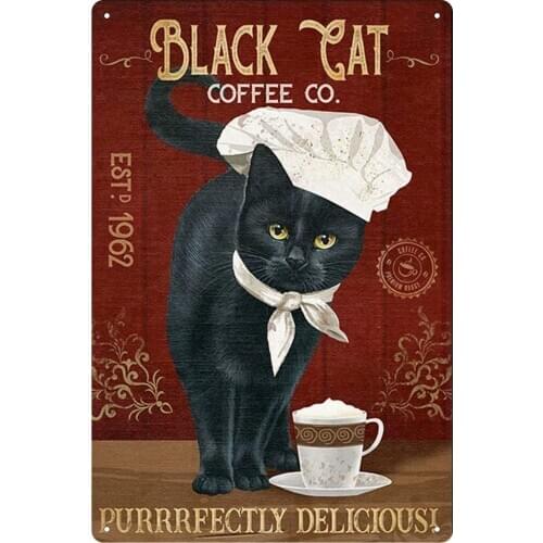 Retro Cat Metal Tin Sign Black Cat Coffee Co.Bar Wall Decor Funny tin Sign 8x12 Inch