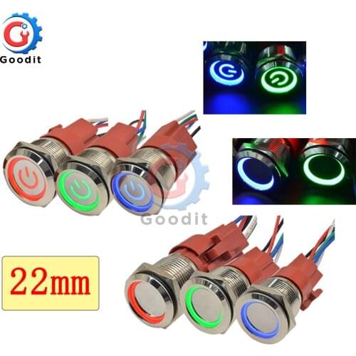 Ring/Power Metal Push Button Switch 22mm LED 250V 5A Locking Latching Waterproof for Car Auto Engine Device buttons