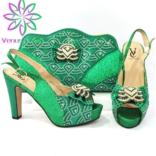 Fashion New Arrival Italian Design Green Color High Heels Ladies Shoes and Bag Set Afircan 2021 With Platform for Party Wedding