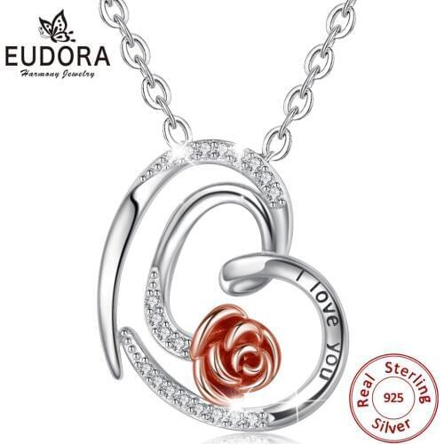 Eudora 925 Silver Heart Necklace Pendant Jewelry with AAA CZ Rose gold Flower Romantic Sterling Silver Jewelry 2020 Gift D513