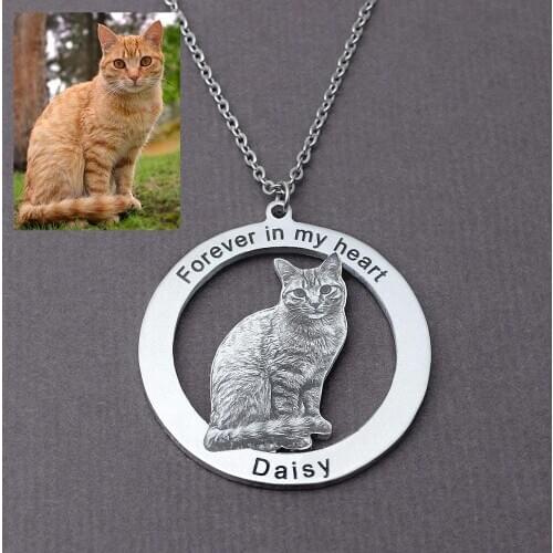 Personalized Cat Photo Necklace for Pet Lover Custom Pet Picture Necklace Engraved Name Photo Pendant Gift for Her Pet Owner