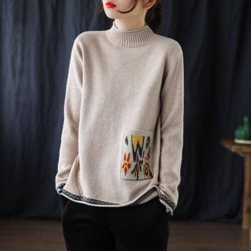 Women Printed Pocket Pullovers High Neck Warm Autumn Winter Knit Sweater For Woman Turtleneck Jumper Jacquard Knitwear 2020 New