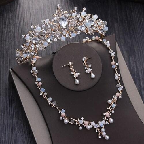 Crystal Beads Pearl Golden Bridal Jewelry Sets Rhinestone Diadem Tiaras Necklace Earrings Baroque Crowns Wedding Jewelry Set