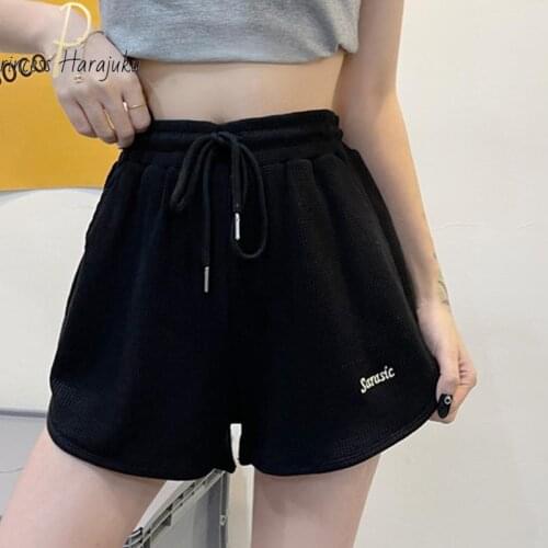 Polyester Casual Black Letter Shorts Women Summer Fashion Sexy High Waist Shorts Fitness Female Vintage Belt Loose Shorts 2021