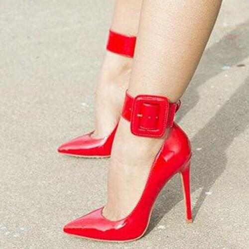 Sexy Patent Leather Buckle Strap High Heel Pumps Red Yellow Pink Leather Pointed Toe Stiletto Heels Dress Shoes Celebrating
