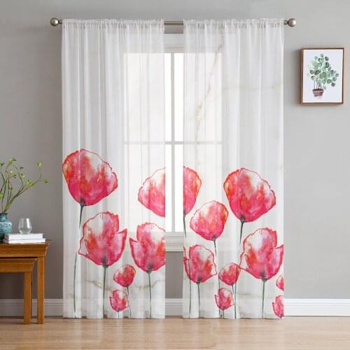 Poppy Flower Marble Tulle Sheer Window Curtains for Living Room Kitchen Children Bedroom Voile Hanging Curtain