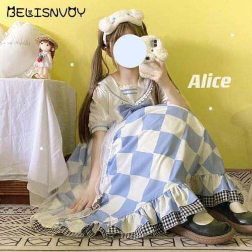Japanese Sweet Lolita Soft Girl Women Dress Kawaii Cosplay Sailor Collar Ruffles Dress Heart Printed Cute Bow Gothic Lace Dresse