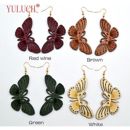YULUCH 2018 Fashion women Bohemian folk style new butterfly wooden Chinese handmade wooden pendant earring jewelry gift
