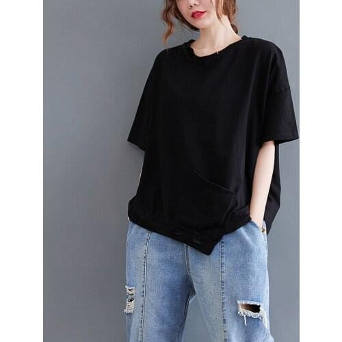 Korea Design Hole Street Fashion Black White Girls Chic Summer T Shirts Loose Tops 100% Cotton Women Casual All-match T-Shirts