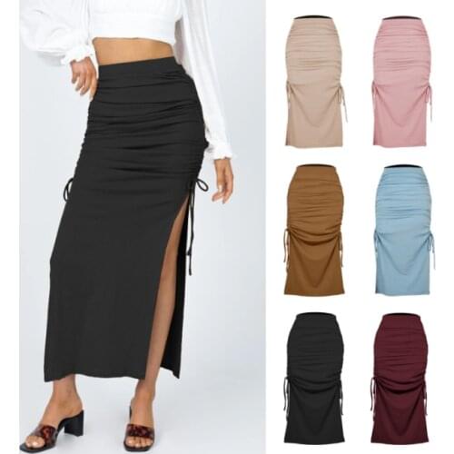 2021 European And American Split Knitted Slim Skirt Fashion Pleated Lace Up Womens Sexy Hip Long Skirt Girl Black