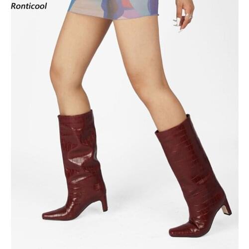 Ronticool Women Winter Mid Calf Boots Stone Pattern Slip On Block Heel Square Toe Night Club Shoes Plus US Size 5-13