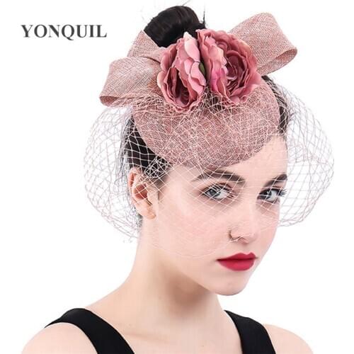 Ladies Days Peach Mesh Headwear And Flower Hat Fascinator Wedding Race Ascot Veil Hats Bridal Married Headdress Fedora Millinery