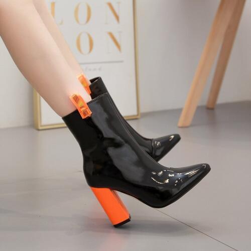 Womens short boots Women PU Leather Ankle Boots Thick Heels Pointed Toe Night Club Party Shoes Woman Basic Boots Office Pumps