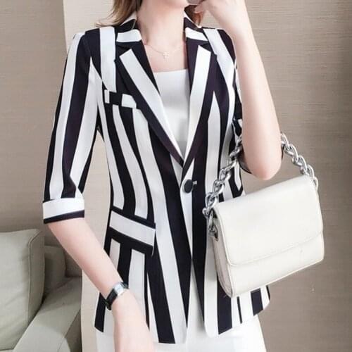 Women Spring Summer 2020 New Brand Striped Formal Office Lady Suit Outerwears Female Cotton Causual Vintage Slim Blazers A185