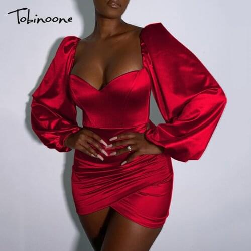 Tobinoone Satin Puff Sleeve Ruched Christmas Party Dress Women Red Square Collar Split Sexy Dresses Female Elegant Short Dress