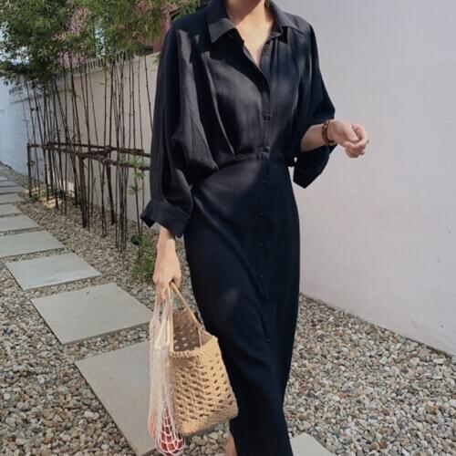 Korean Long Shirt Dress Autumn Retro Elegant Wrist Batwing Sleeve Slim Waist Single-breasted Buttoned Casual Cotton Dress Women