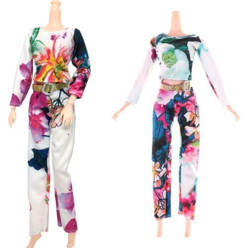 1Set Handmade Doll Outfit Print Flower Long Trousers+Tops Fashional Design Party Outfit For Girl Doll 28CM-30CM Doll Suits