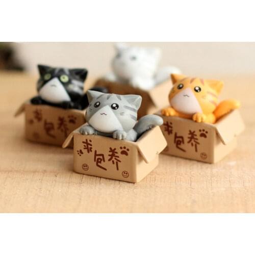 1 Piece Cartoon Box Cat Model Small Statue Car Figurine Crafts Garden Figure Ornament DIY Miniatures